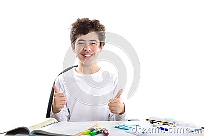 Caucasian smooth-skinned boy showing success thumbs up on homewo Stock Photo