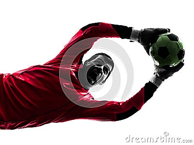 Caucasian soccer player goalkeeper man catching ball silhouette Stock Photo