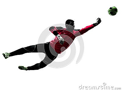 Caucasian soccer player goalkeeper man punching ball silhouette Stock Photo