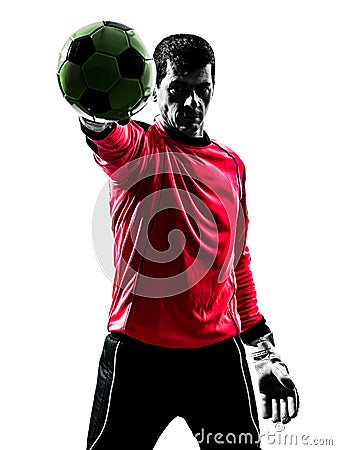 Caucasian soccer player goalkeeper man stopping ball one hand s Stock Photo