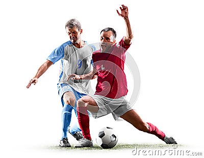 Caucasian soccer players isolated on white background Stock Photo