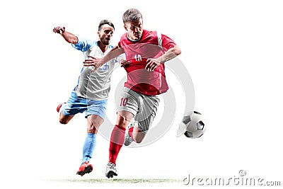 Caucasian soccer players isolated on white background Stock Photo