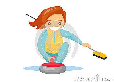 Caucasian sportswoman playing curling on ice rink. Vector Illustration