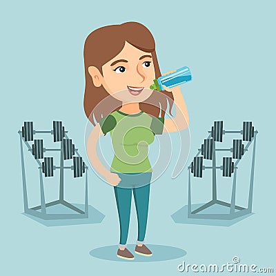 Young caucasian sportswoman drinking water. Vector Illustration