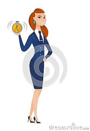 Caucasian stewardess holding alarm clock. Vector Illustration