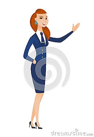 Caucasian stewardess showing a direction. Vector Illustration