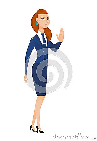 Caucasian stewardess showing stop hand gesture. Vector Illustration