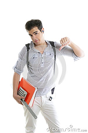 Caucasian student worried with negative gesture Stock Photo
