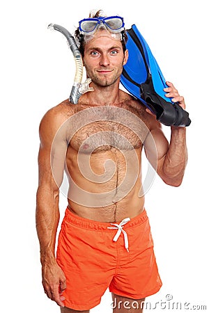 Caucasian swimmer with mask, snorkel and flippers Stock Photo