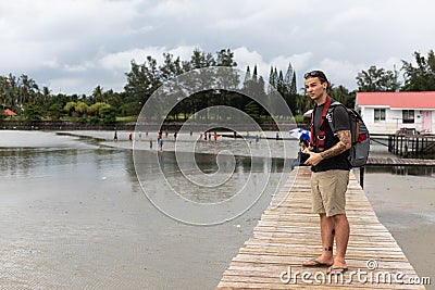 Caucasian Tattoed Man Tourist Standing Bridge Boardwalk Path Asia Tourism Photographer Editorial Stock Photo