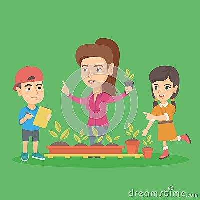 Caucasian teacher and school kids planting sprouts Vector Illustration