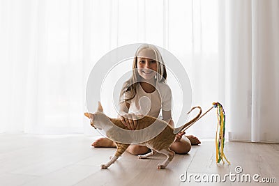 Caucasian teenage girl plays with a cornish rex cat at home on a sunny day, focusing on a pet looking at flying toys, a happy girl Stock Photo