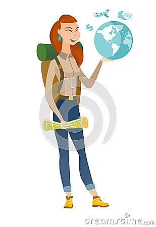 Caucasian traveler woman holding map and globe. Vector Illustration