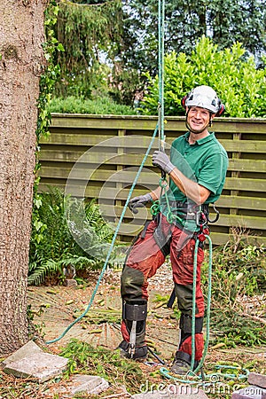 Dutch arborist with climbing equipment in garden Stock Photo