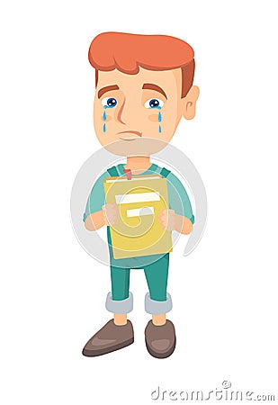 Caucasian upset boy with book shedding tears. Vector Illustration