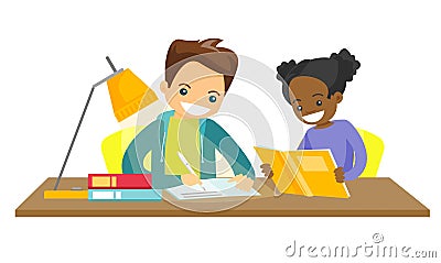 Biracial brother and sister doing homework. Vector Illustration