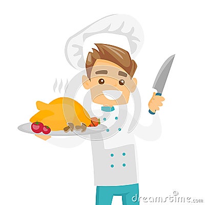 Caucasian white chief cook holding roasted chicken Vector Illustration