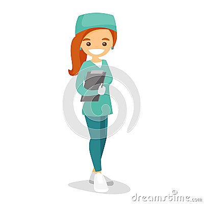 Young caucasian white doctor with a clipboard. Vector Illustration