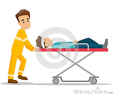 Emergency doctor transporting man on stretcher. Vector Illustration