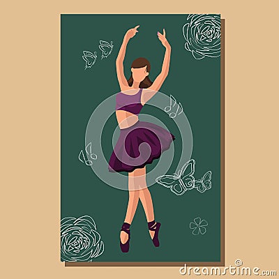 Caucasian white faceless ballet dancer in a purple tutu and pointe shoes dancing on a green poster with flowers and Vector Illustration
