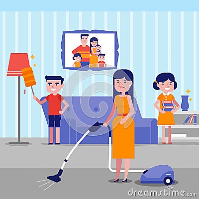 Young happy caucasian white family cleaning house. Vector Illustration