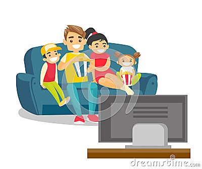 Caucasian white family watching television at home Vector Illustration