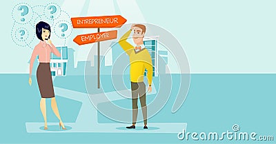 Confused man and woman choosing career pathway. Vector Illustration