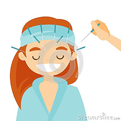 Acupuncturist doctor making acupuncture therapy. Vector Illustration