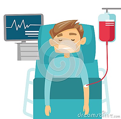 Caucasian white man lying in hospital bed. Vector Illustration