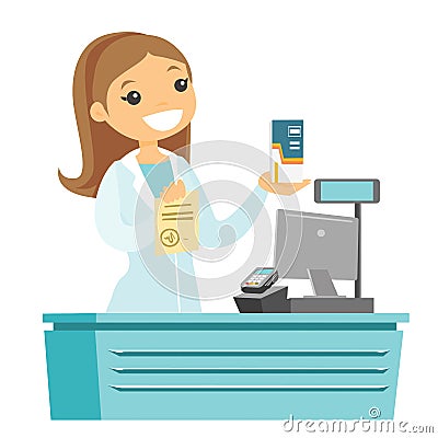 Caucasian white pharmacist writing prescription. Vector Illustration