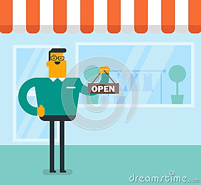 Caucasian white shop owner holding open signboard. Vector Illustration