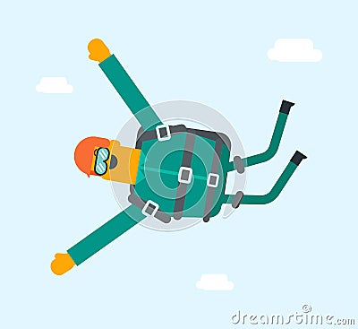 Caucasian white sportsman performing skydive. Vector Illustration