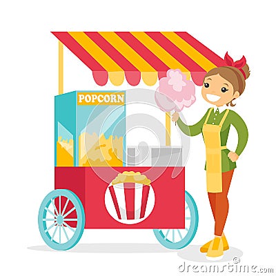 Caucasian white street seller selling cotton candy Vector Illustration
