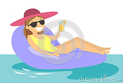 Caucasian white woman relaxing in swimming pool. Vector Illustration