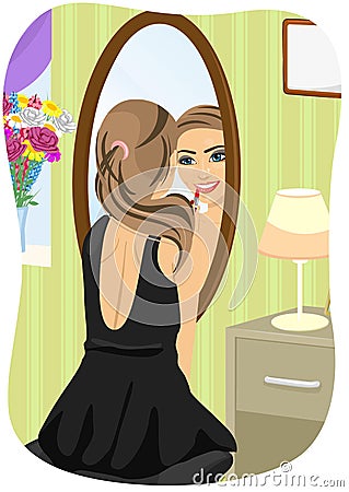 Caucasian woman in black dress applying lipstick looking at mirror in bedroom Vector Illustration