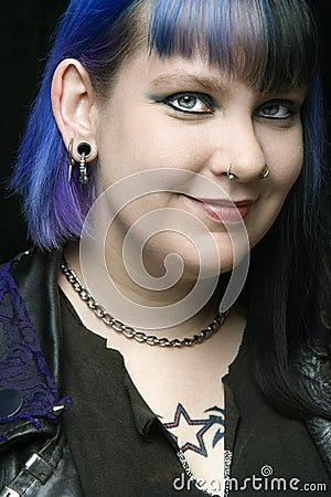 Caucasian woman with blue hair. Stock Photo