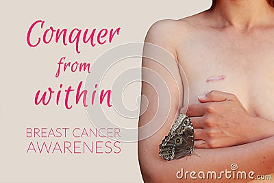 Caucasian woman with breast cancer scar on the grey background Stock Photo