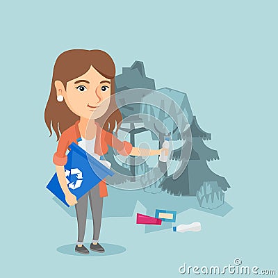 Caucasian woman collecting garbage in the forest. Vector Illustration