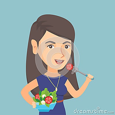 Caucasian woman eating healthy vegetable salad. Vector Illustration