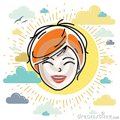 Caucasian woman face expressing positive emotions, vector human Vector Illustration