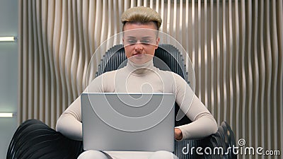 Caucasian woman girl in white neon futuristic space female IT programmer hacker coder gamer hacker software computer Stock Photo