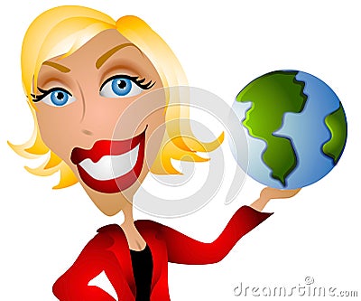 Caucasian Woman Holding Earth Cartoon Illustration