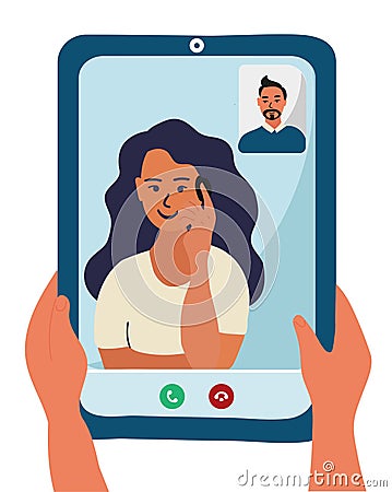 Caucasian woman and man are on the tablet device screen. Hands holding smartphone with video call. girl with dark blue hair. Cartoon Illustration