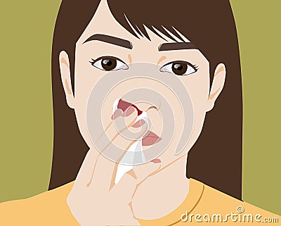 Caucasian woman with a nosebleed use tissue to stop blood, Illustration in flat design Stock Photo