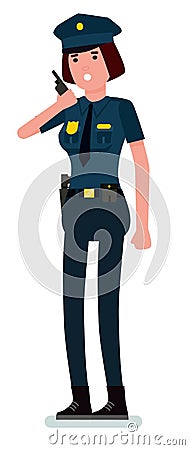 Caucasian woman police officer talking on walkie-talkie radio. Female police holding walkie-talkie radio. Vector cartoon Vector Illustration