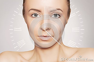 Caucasian woman portrait with clock face- aging problems Stock Photo