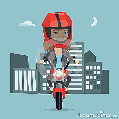 Caucasian woman riding a motorcycle at night. Vector Illustration