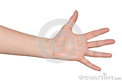 Caucasian woman`s hand. Fingers spread apart in despairing gesture. Stock Photo