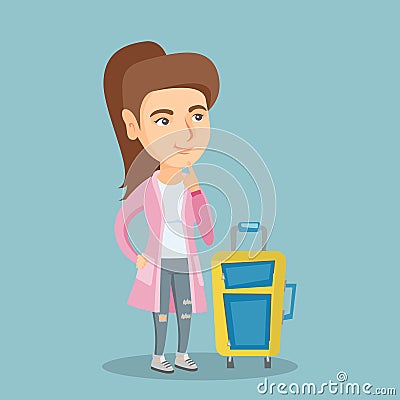 Caucasian woman with suitcase waiting for a flight Vector Illustration