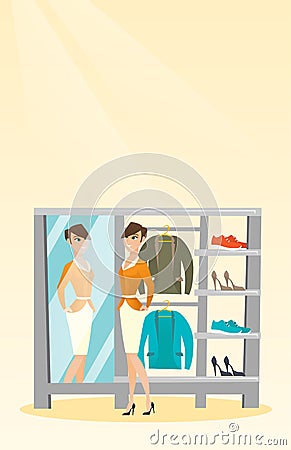 Caucasian woman trying on jacket in dressing room Vector Illustration